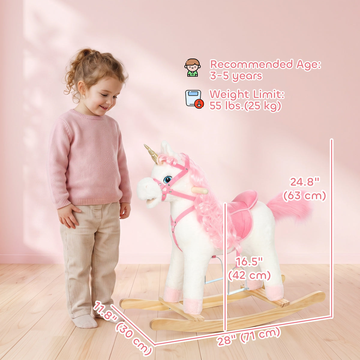 Baby Rocking Horse, Unicorn Kid Ride on Toy with Rocking Limit, Tail Wag Mouth Movement, Sounds for 3-5 Y, White-Toys & Games > Baby & Toddler Toys > Riding & Rocking Toys > Rocking Horses-DECOROLALA
