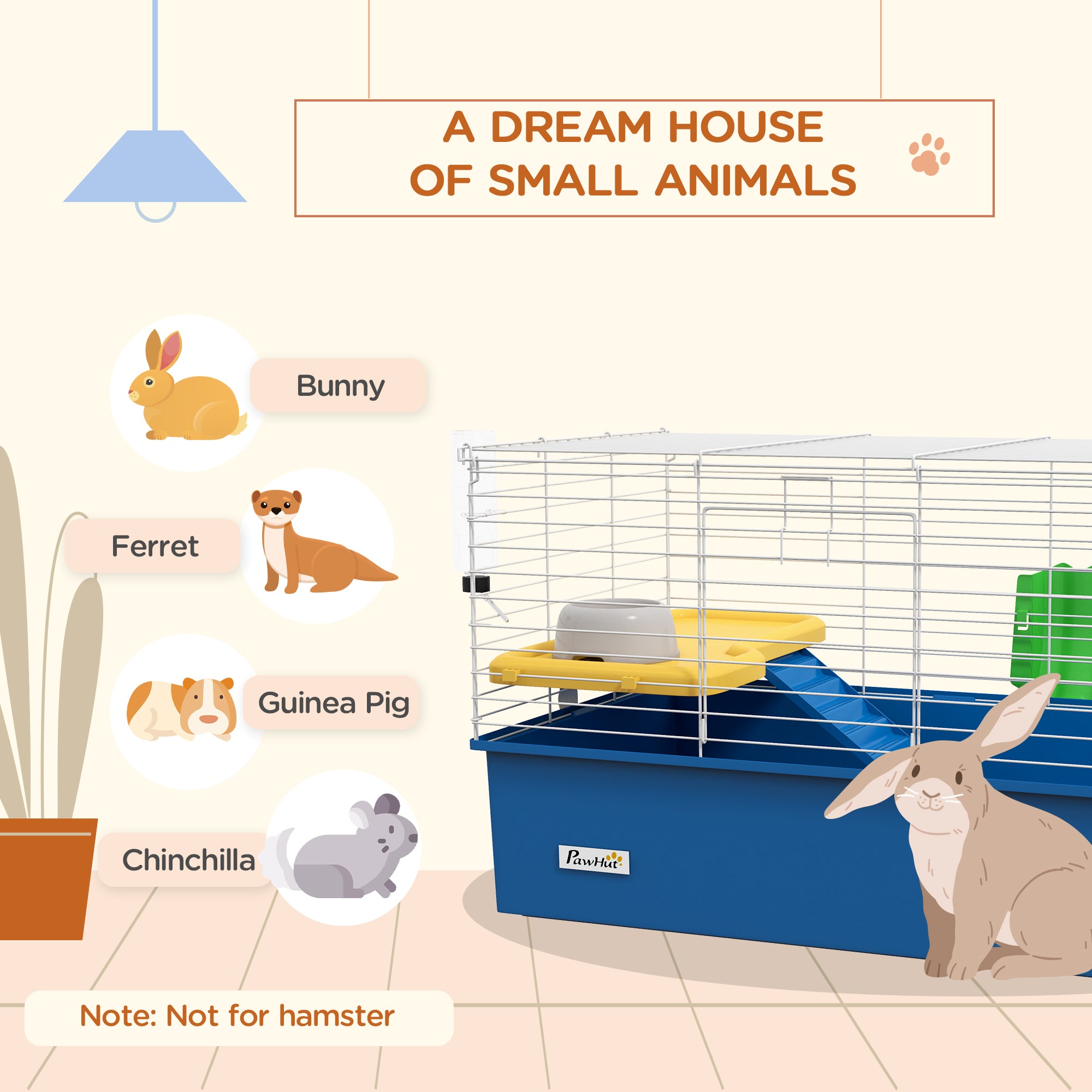 18.5" Small Animal Cage with Water Bottle, Food Dish, Platform, Ramp, Blue
