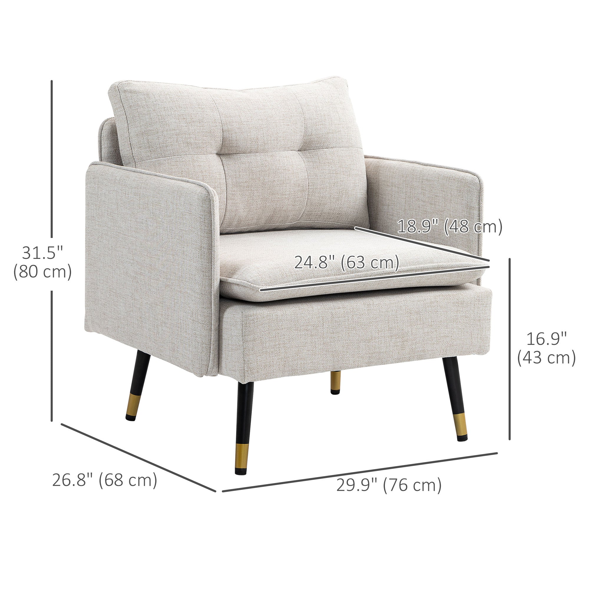 Upholstered Accent Chair, Cream White, Tufted Back, Steel Legs-DECOROLALA