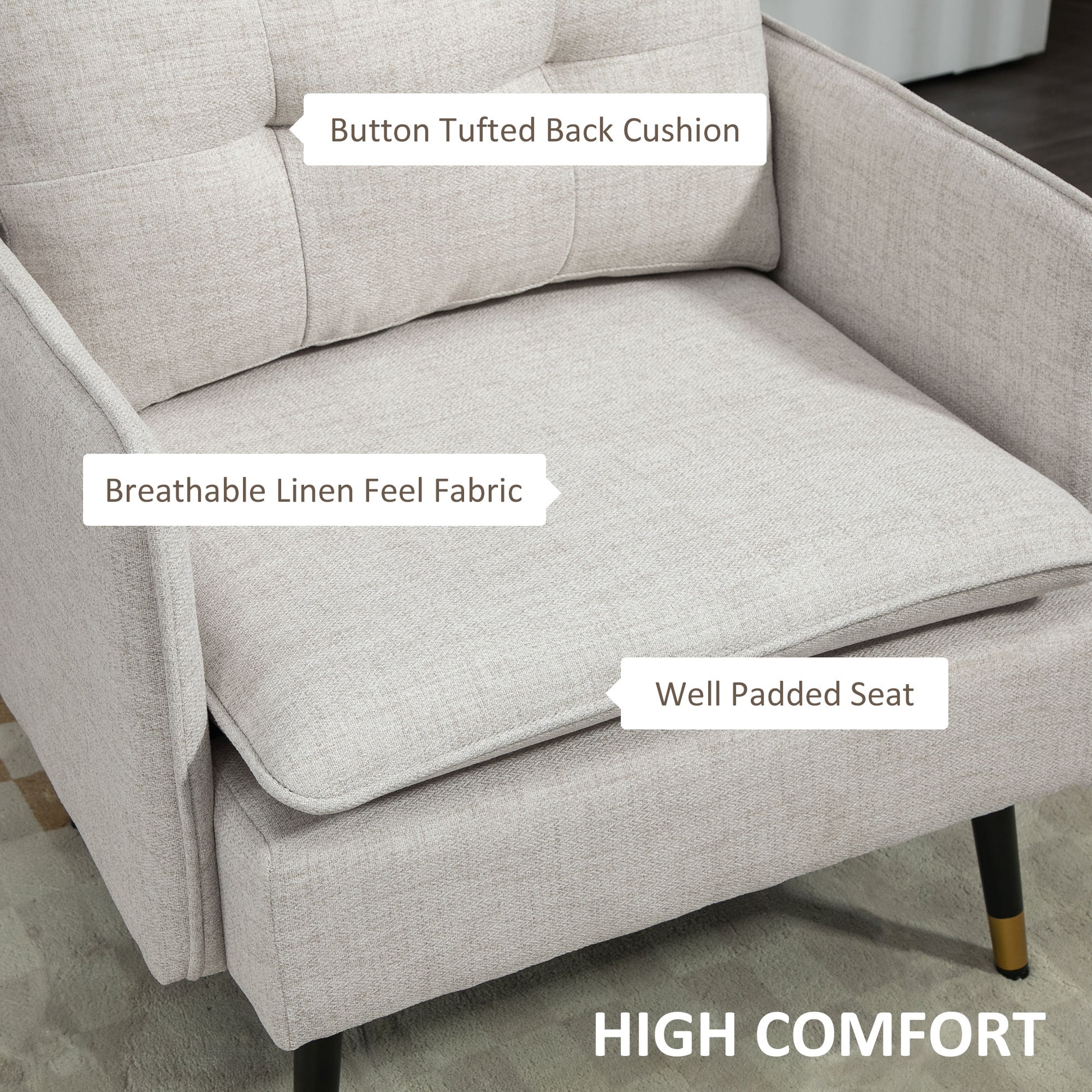 Upholstered Accent Chair, Cream White, Tufted Back, Steel Legs-DECOROLALA