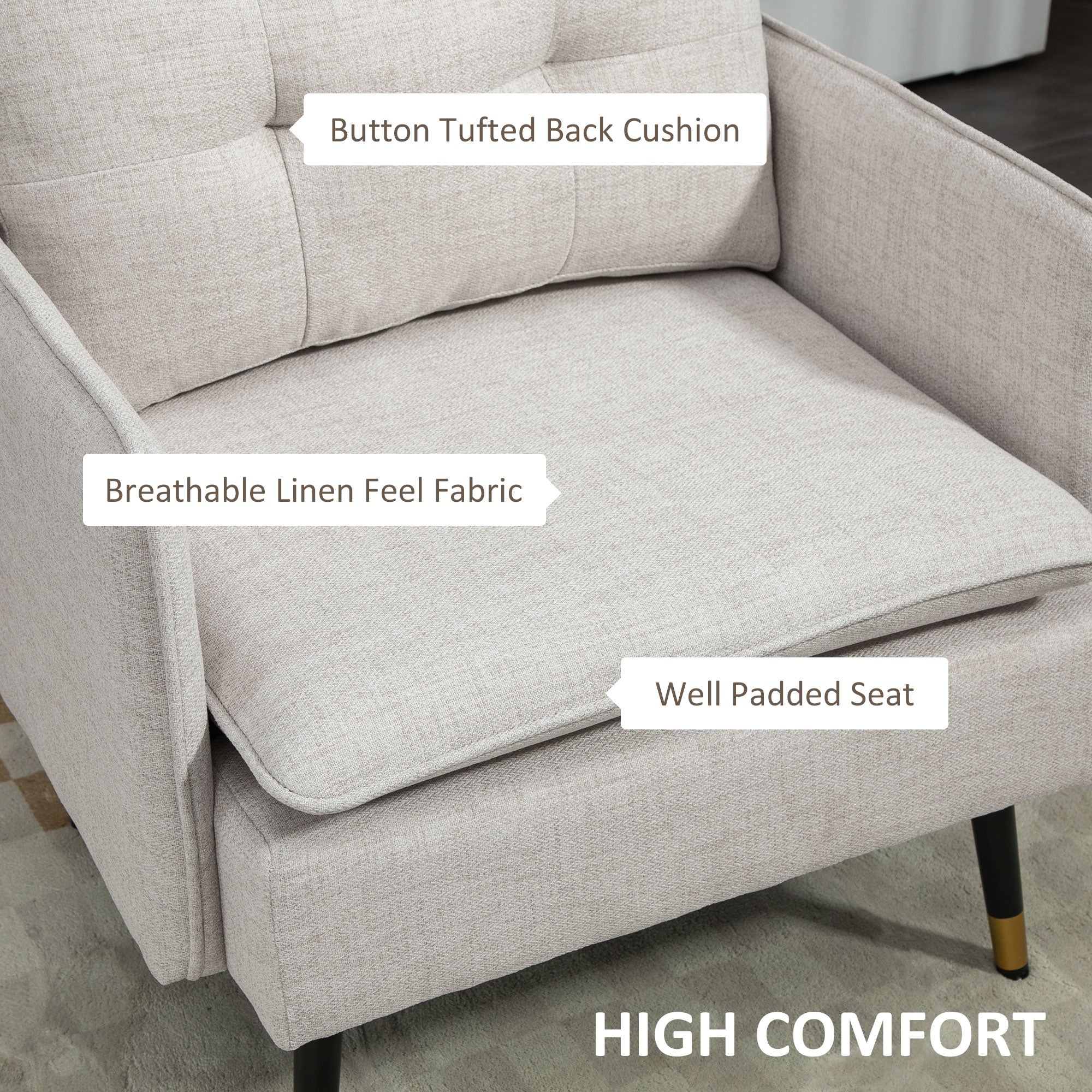 Upholstered Accent Chair, Cream White, Tufted Back, Steel Legs-DECOROLALA