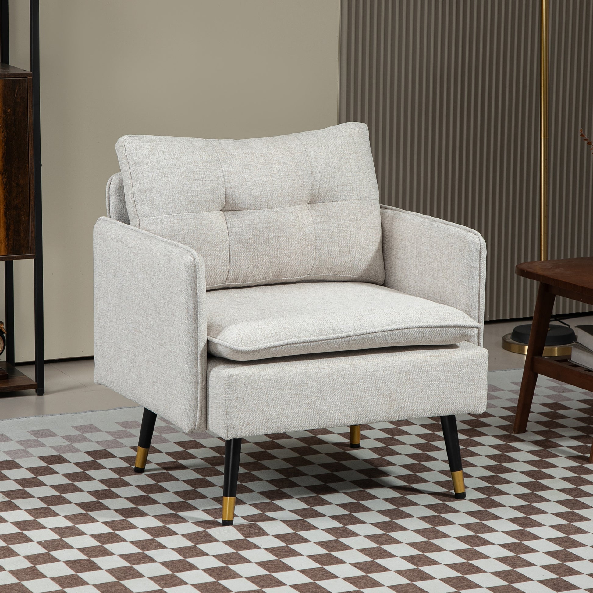Upholstered Accent Chair, Cream White, Tufted Back, Steel Legs-DECOROLALA