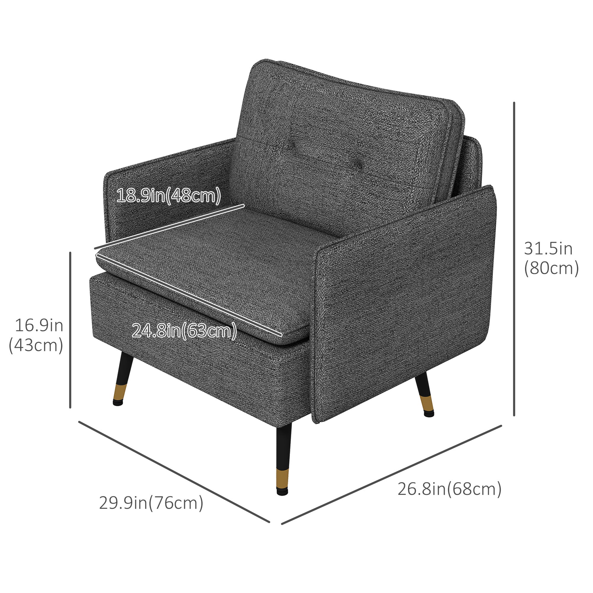 Upholstered Accent Chair, Dark Grey, Tufted Back, Steel Legs-DECOROLALA