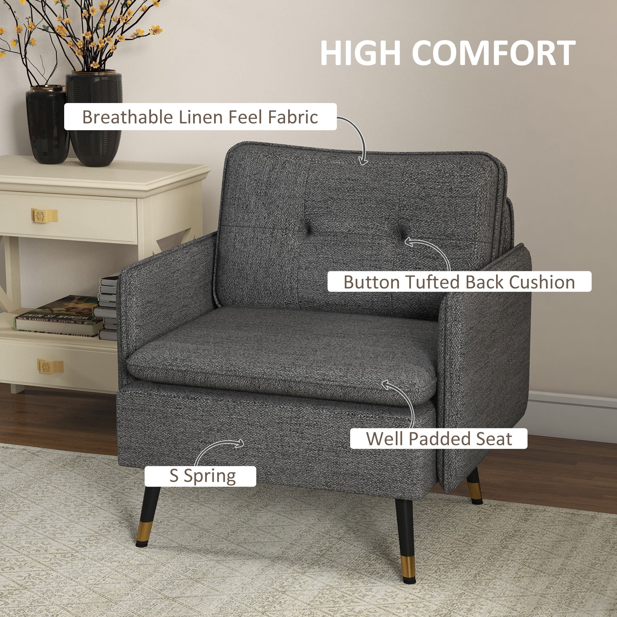 Upholstered Accent Chair, Dark Grey, Tufted Back, Steel Legs-DECOROLALA