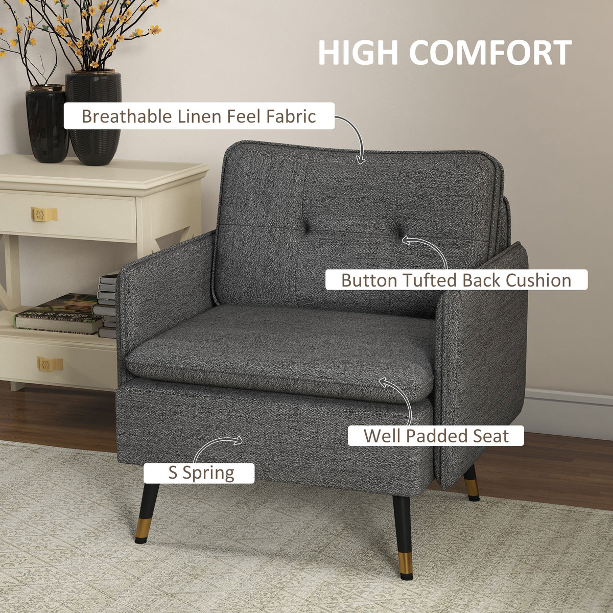 Upholstered Accent Chair, Dark Grey, Tufted Back, Steel Legs-DECOROLALA