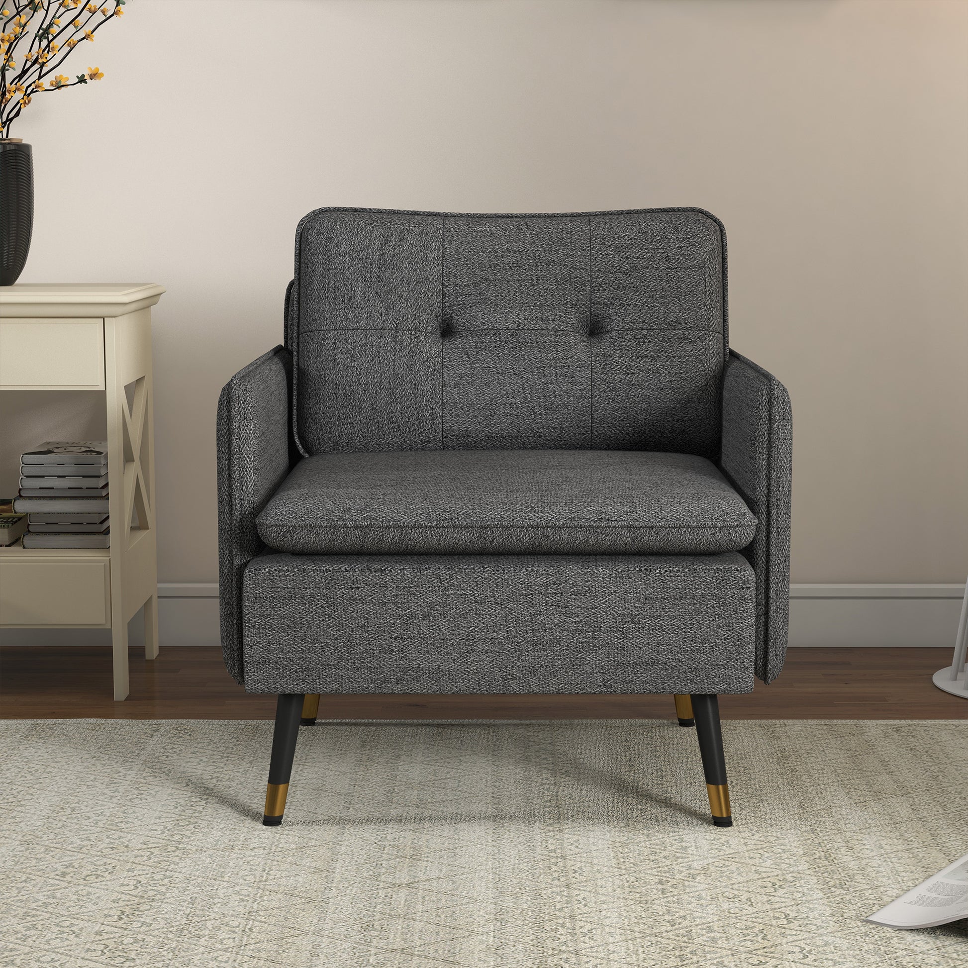 Upholstered Accent Chair, Dark Grey, Tufted Back, Steel Legs-DECOROLALA