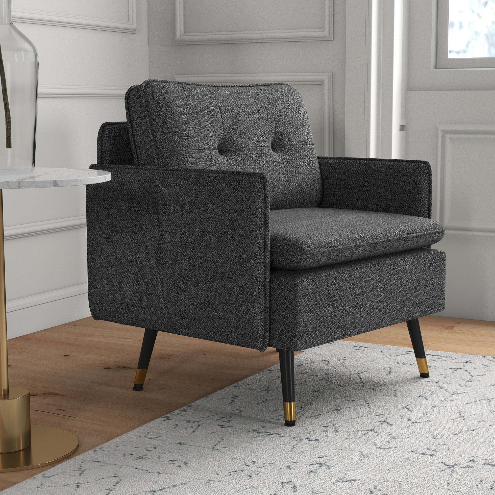 Upholstered Accent Chair, Dark Grey, Tufted Back, Steel Legs-DECOROLALA