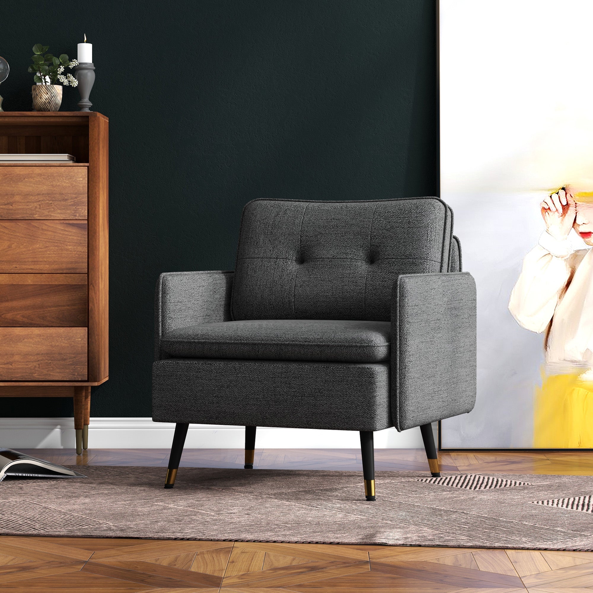 Upholstered Accent Chair, Dark Grey, Tufted Back, Steel Legs-DECOROLALA