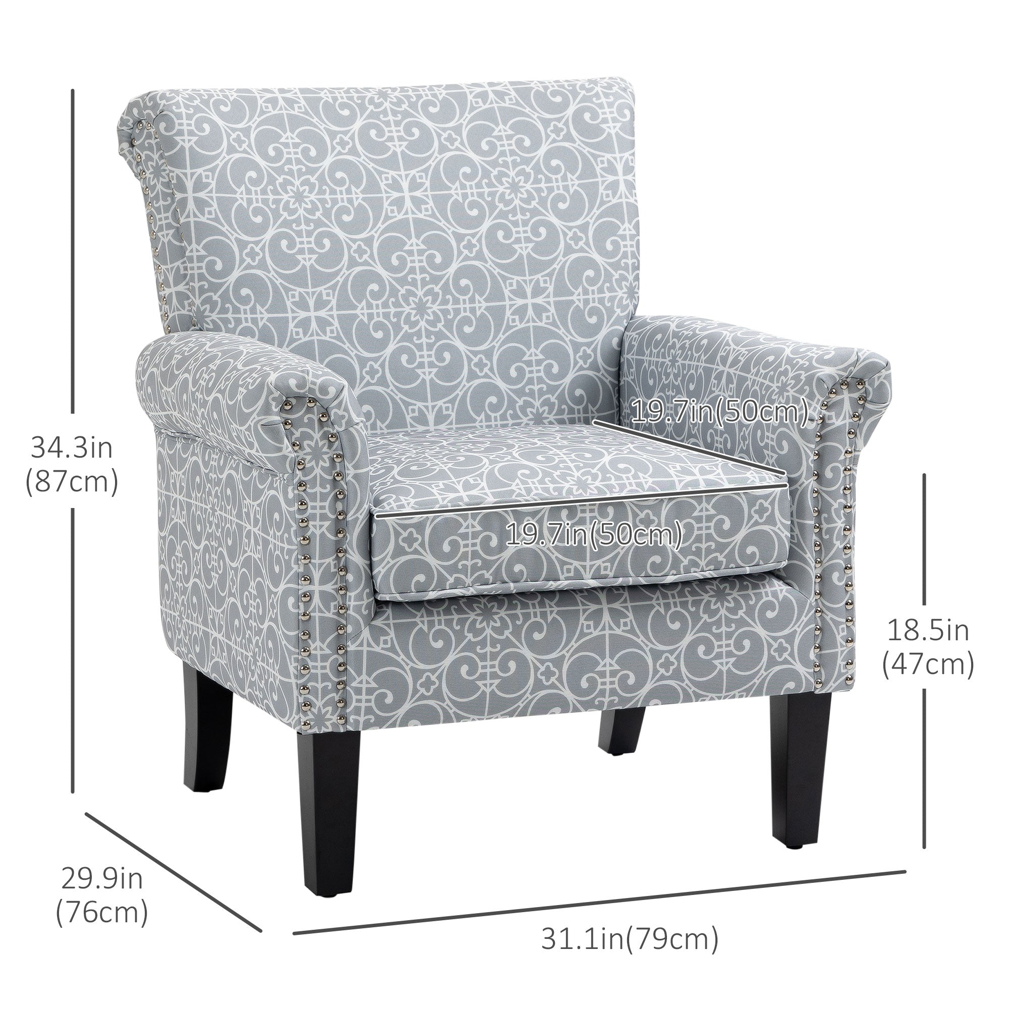 Upholstered Accent Chair, Grey Linen Fabric, Rolled Armrest, Grey-DECOROLALA