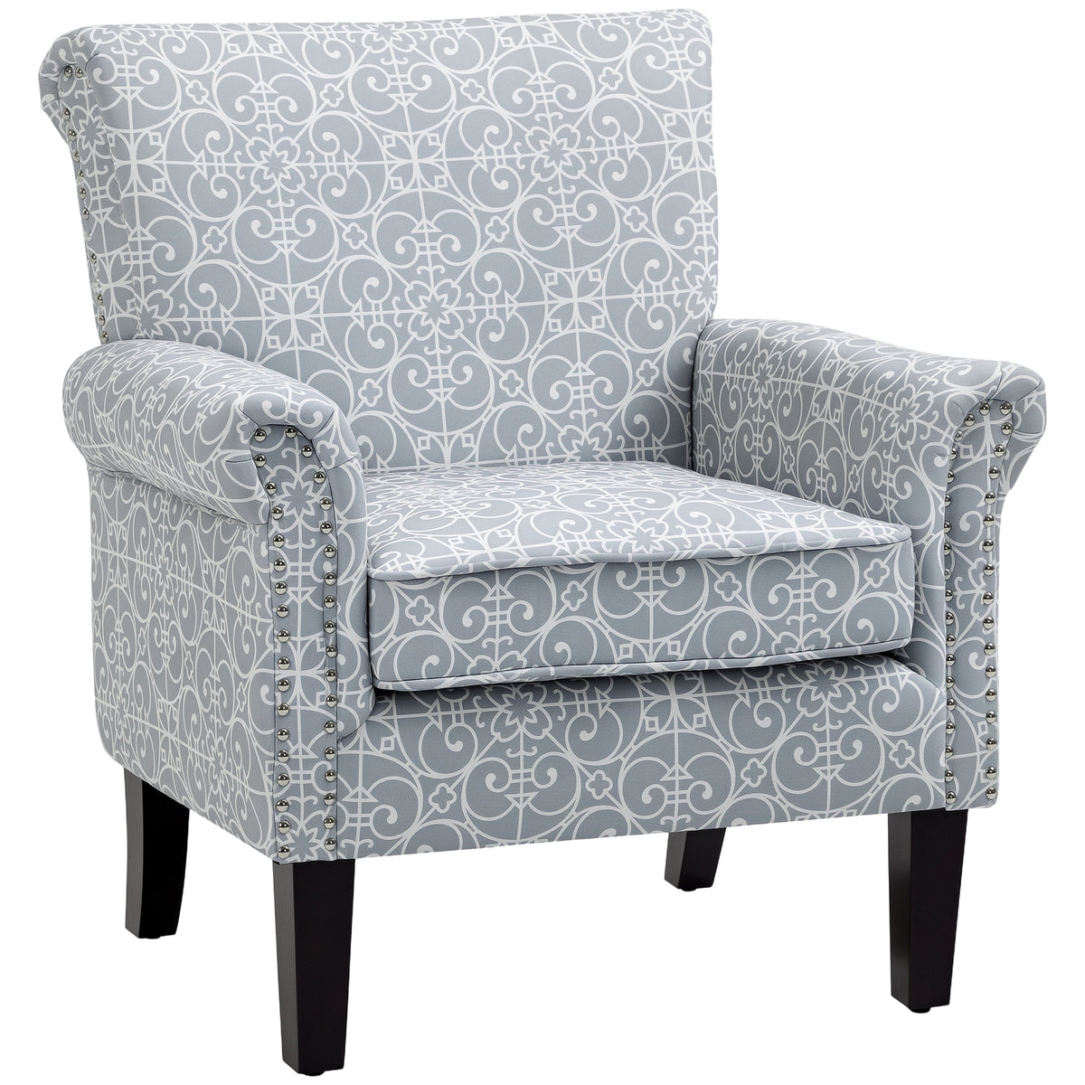 Upholstered Accent Chair, Grey Linen Fabric, Rolled Armrest, Grey-DECOROLALA
