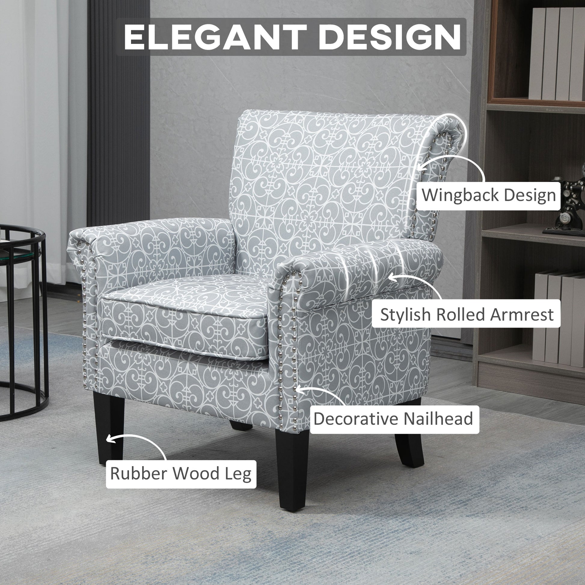 Upholstered Accent Chair, Grey Linen Fabric, Rolled Armrest, Grey-DECOROLALA