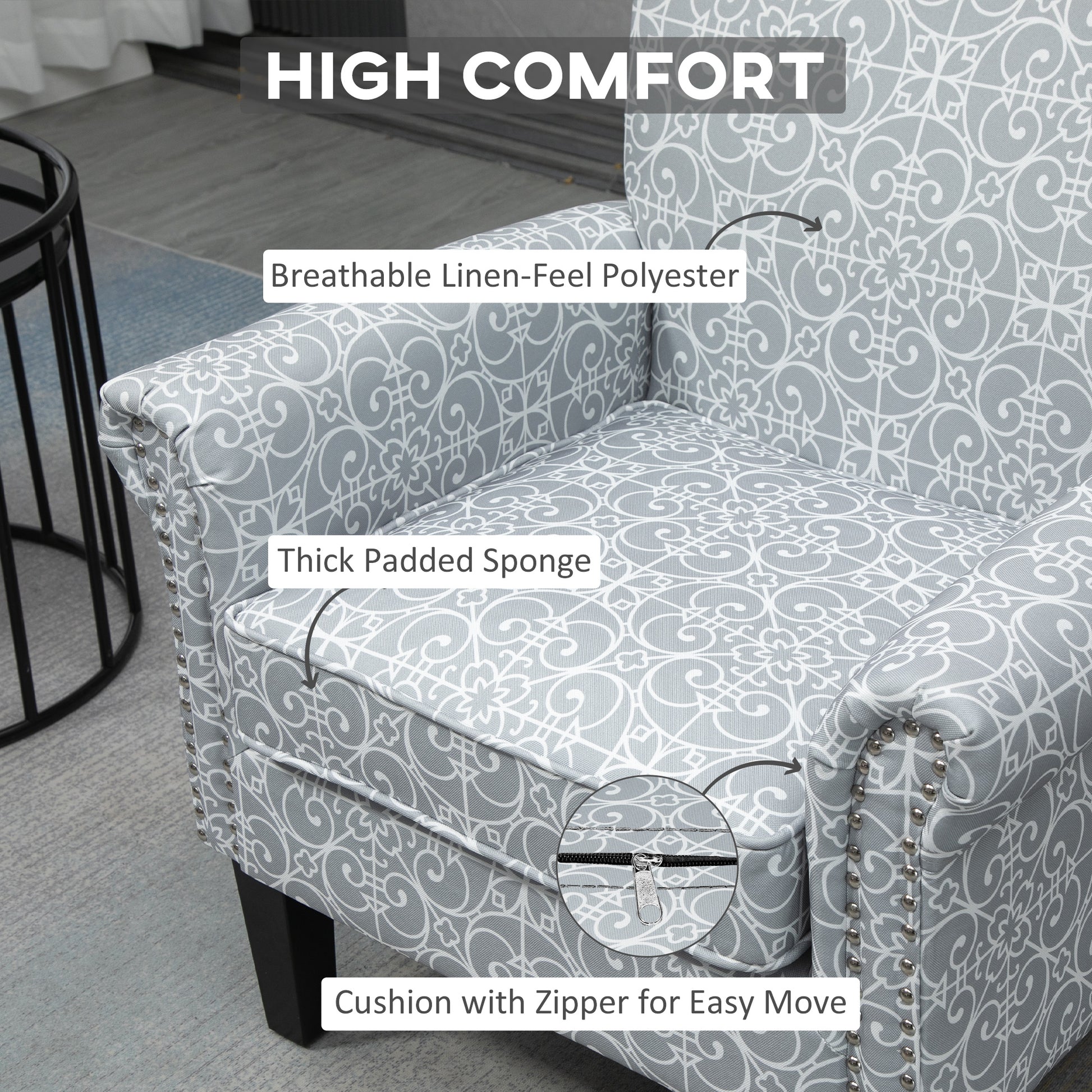 Upholstered Accent Chair, Grey Linen Fabric, Rolled Armrest, Grey-DECOROLALA