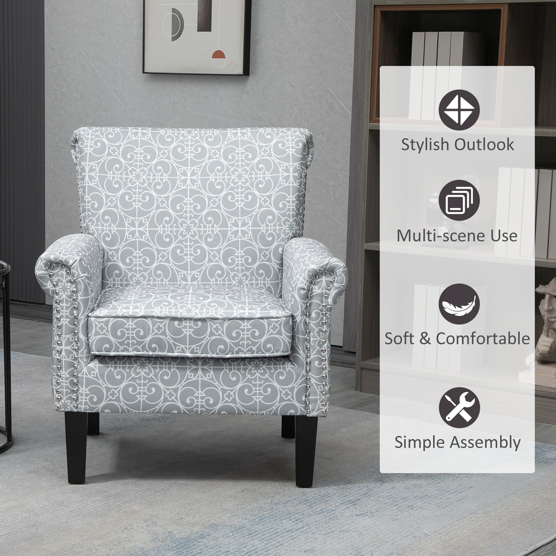 Upholstered Accent Chair, Grey Linen Fabric, Rolled Armrest, Grey-DECOROLALA