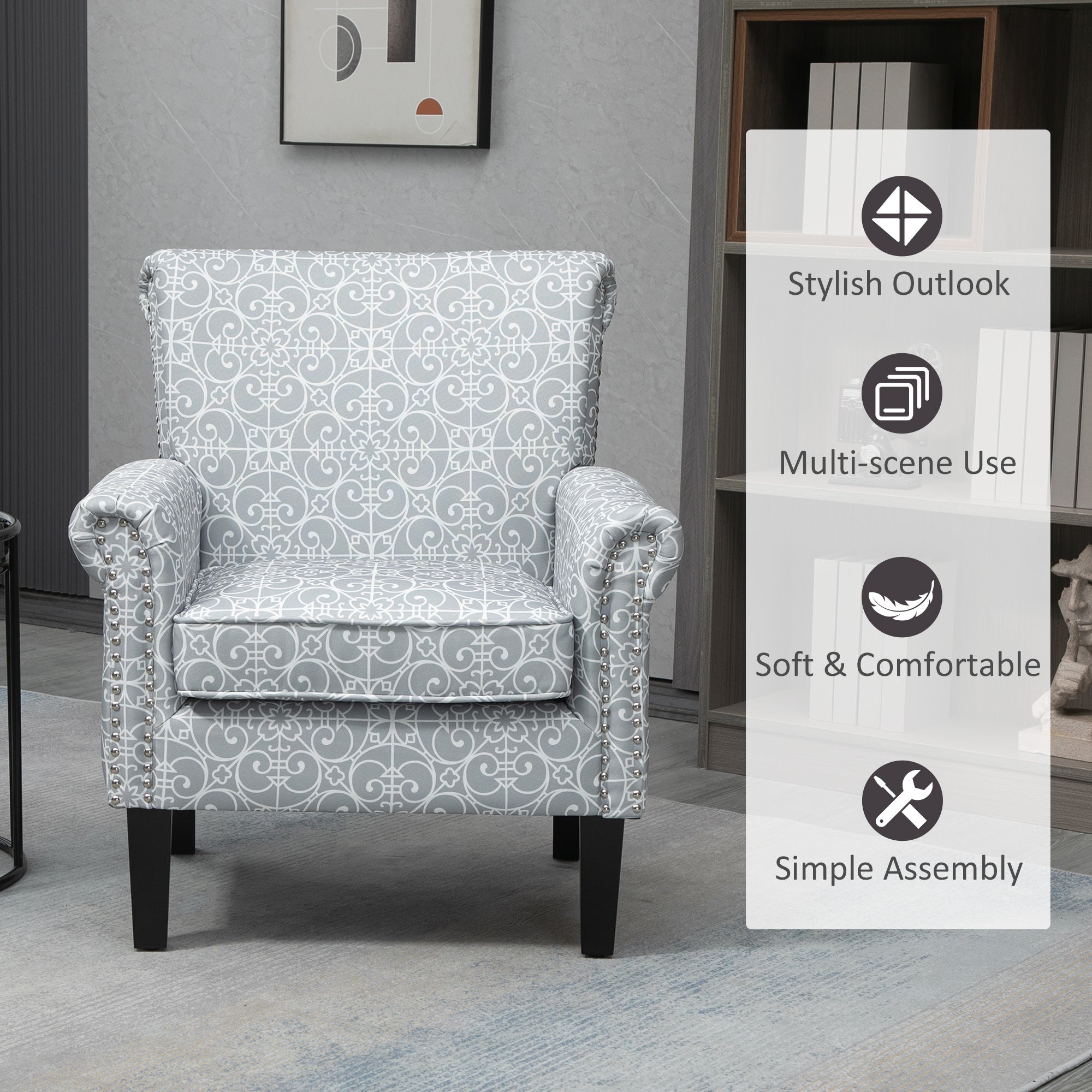 Upholstered Accent Chair, Grey Linen Fabric, Rolled Armrest, Grey-DECOROLALA