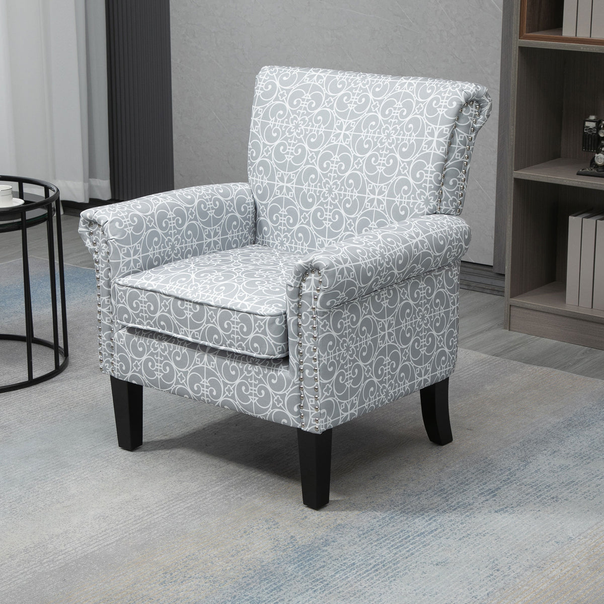 Upholstered Accent Chair, Grey Linen Fabric, Rolled Armrest, Grey-DECOROLALA
