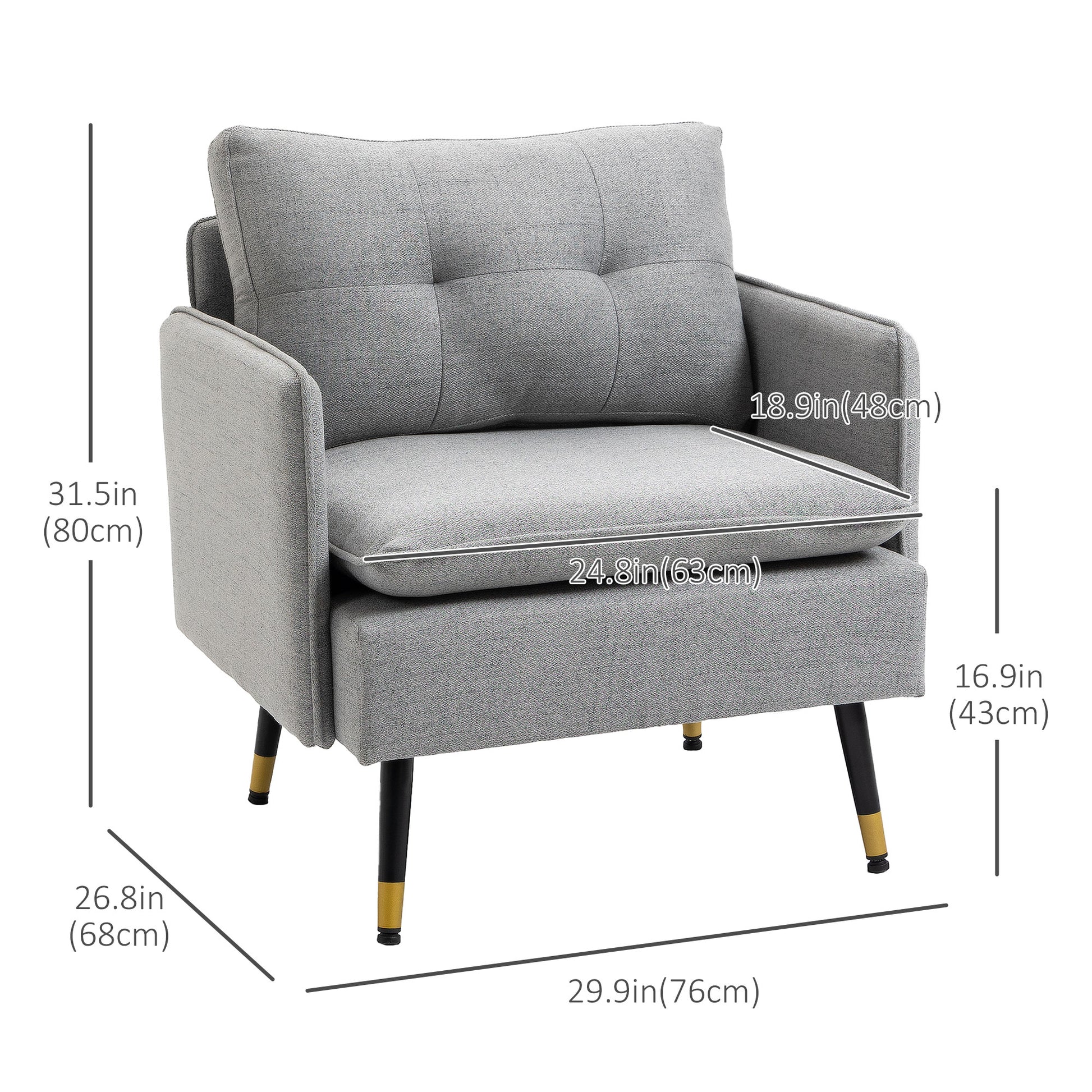 Upholstered Accent Chair, Grey, Tufted Back, Steel Legs, Living Room, Bedroom-DECOROLALA