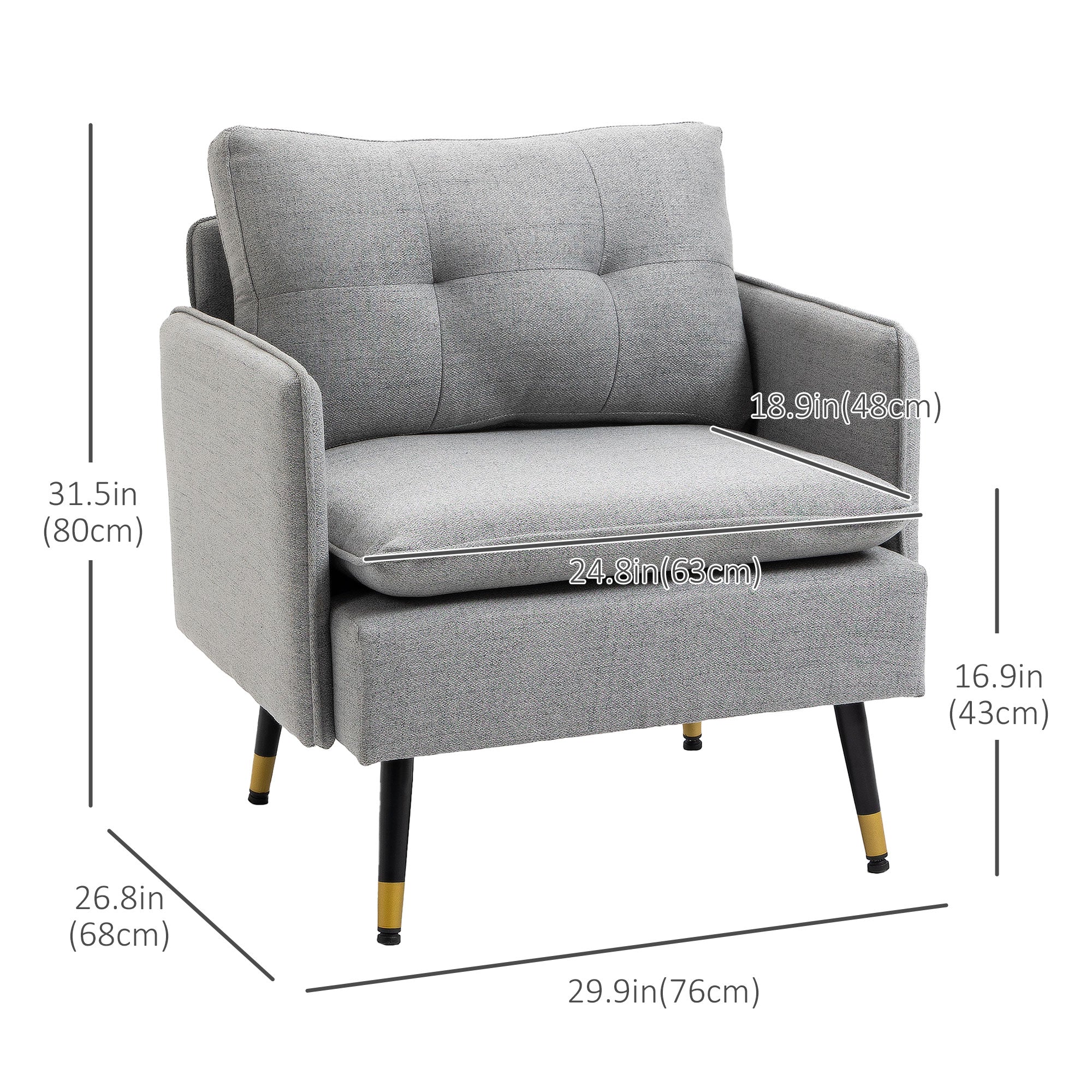 Upholstered Accent Chair, Grey, Tufted Back, Steel Legs, Living Room, Bedroom-DECOROLALA
