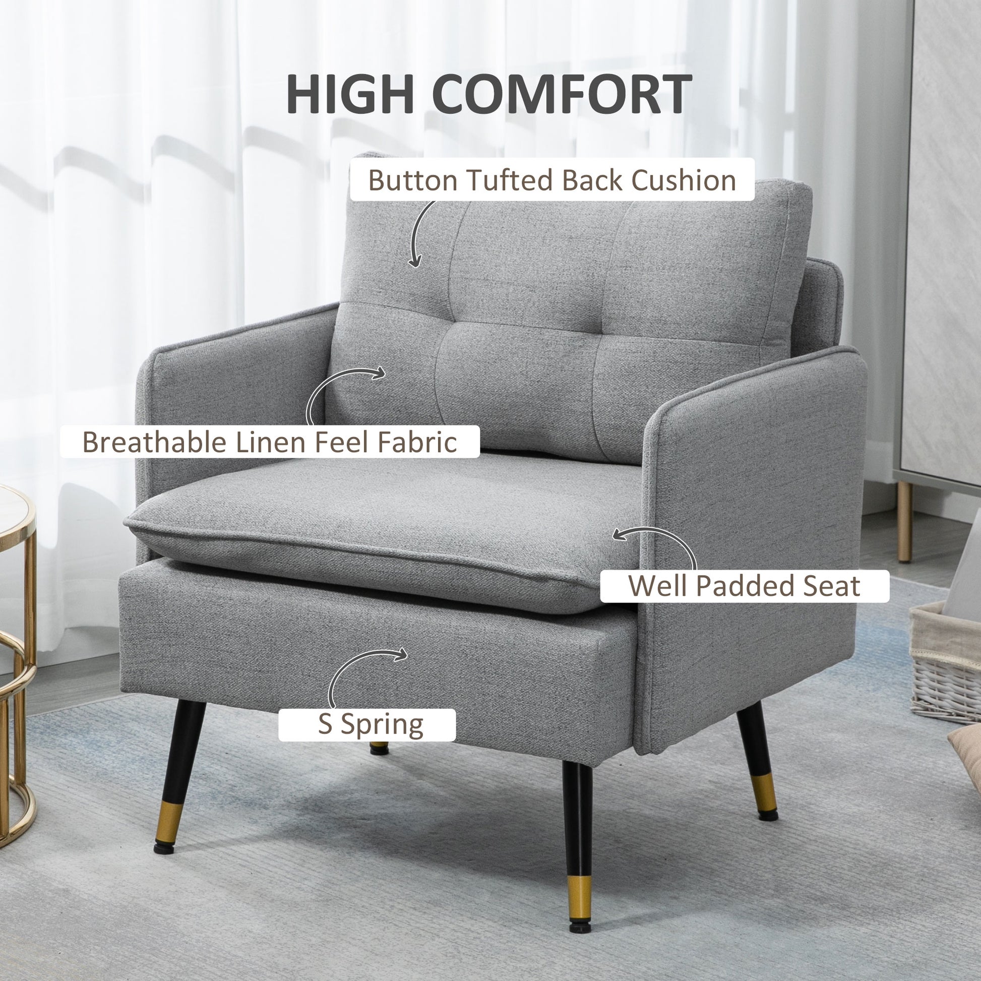 Upholstered Accent Chair, Grey, Tufted Back, Steel Legs, Living Room, Bedroom-DECOROLALA