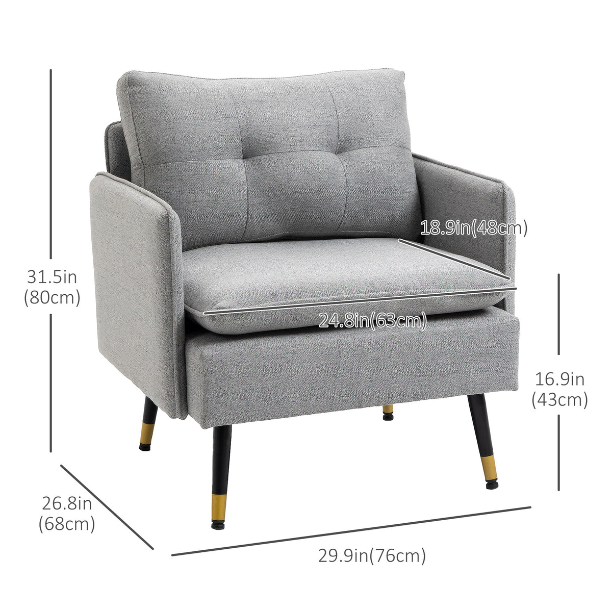 Upholstered Accent Chair, Grey, Tufted Back, Steel Legs, Living Room, Bedroom-DECOROLALA