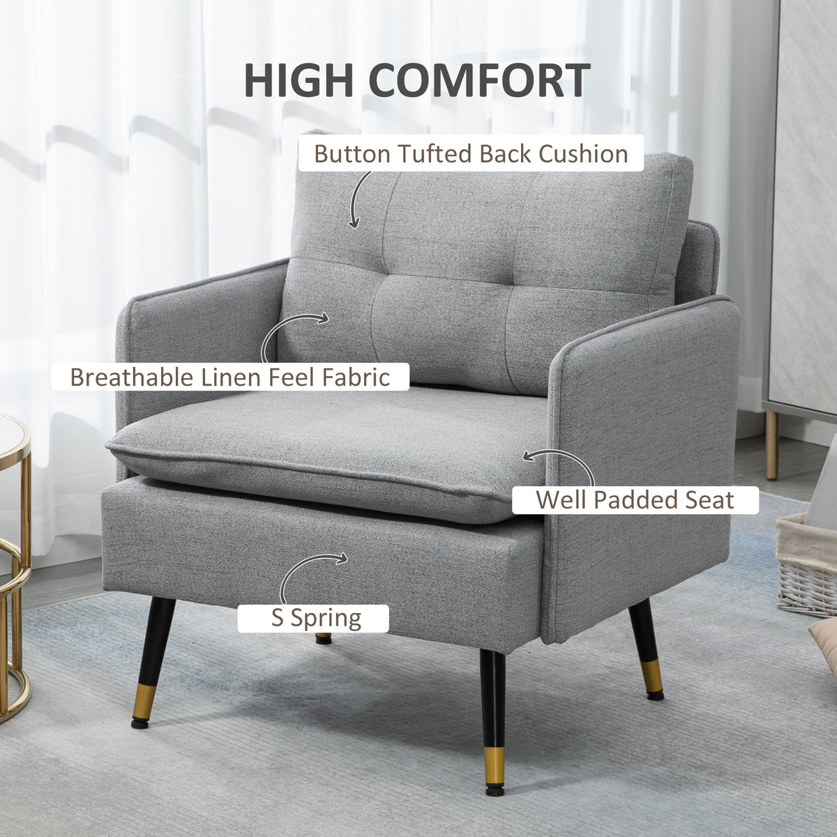 Upholstered Accent Chair, Grey, Tufted Back, Steel Legs, Living Room, Bedroom-DECOROLALA