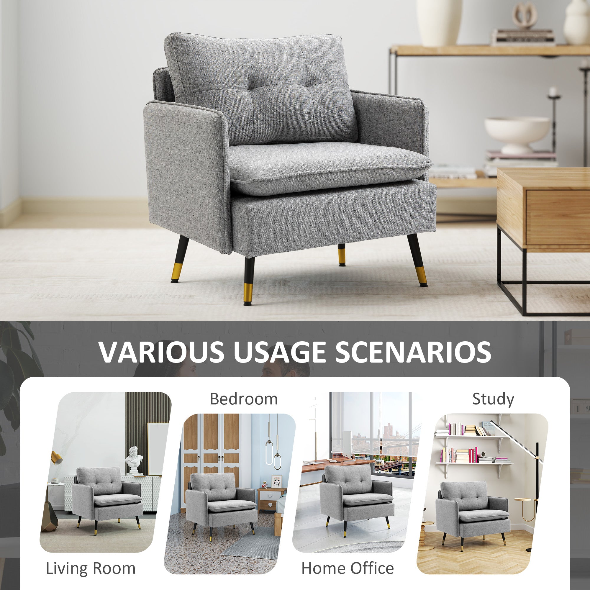 Upholstered Accent Chair, Grey, Tufted Back, Steel Legs, Living Room, Bedroom-DECOROLALA