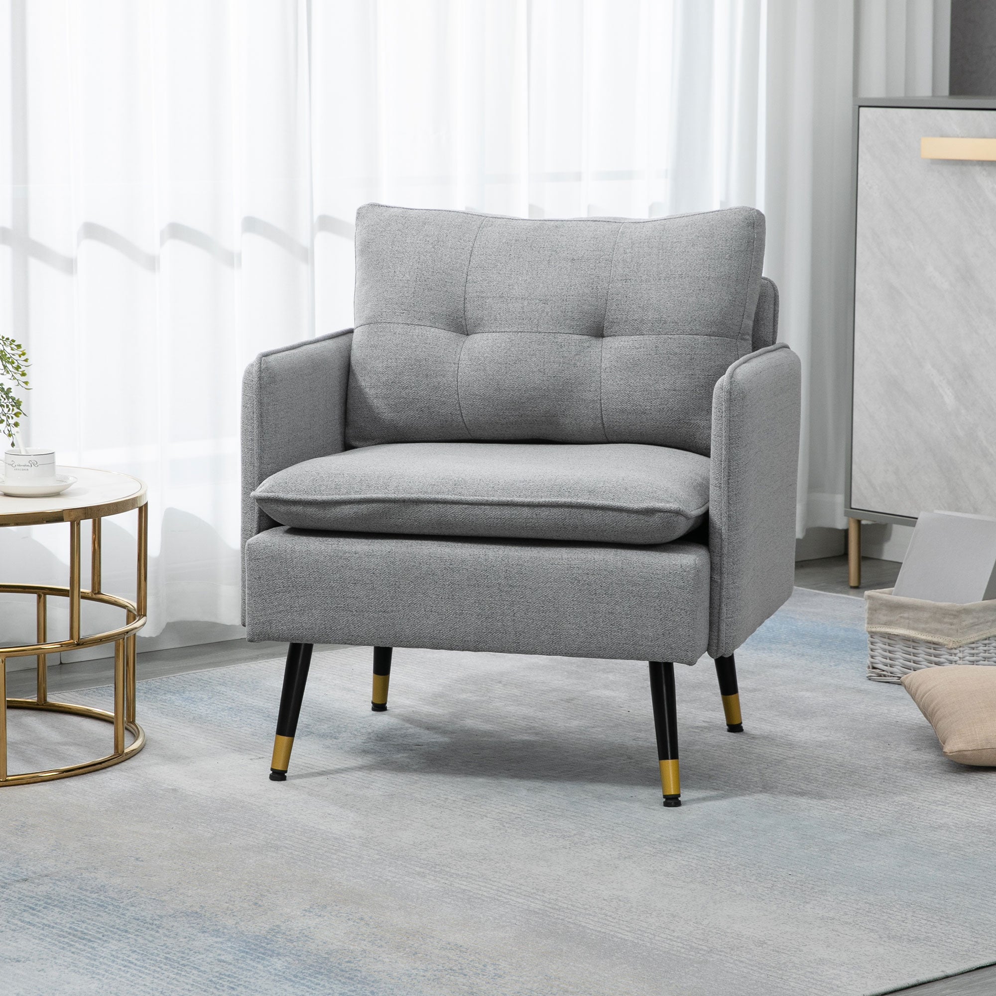 Upholstered Accent Chair, Grey, Tufted Back, Steel Legs, Living Room, Bedroom-DECOROLALA