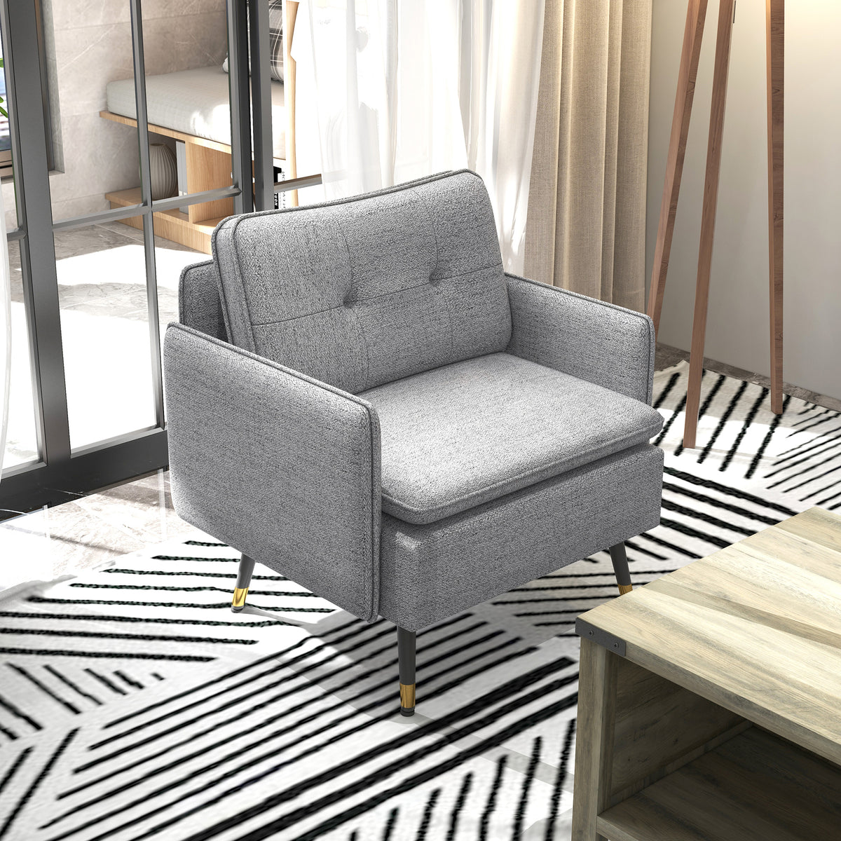 Upholstered Accent Chair, Grey, Tufted Back, Steel Legs, Living Room, Bedroom-DECOROLALA