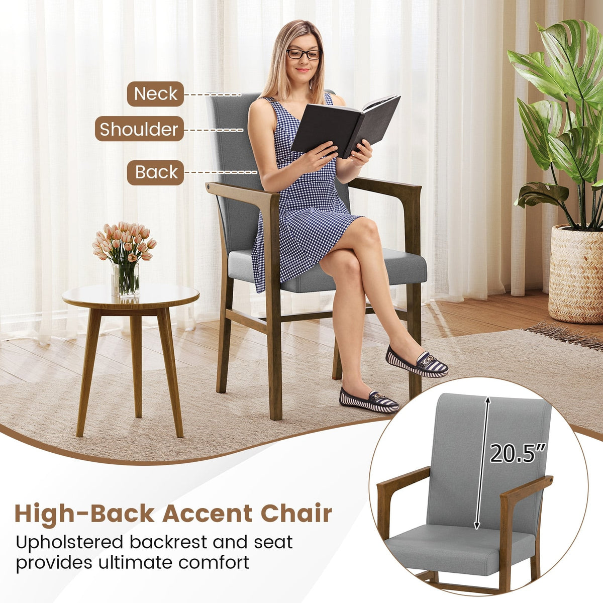 Upholstered Accent Chairs Set of 2 with High Back and Solid Wooden Frame-Gray-Accent Chairs-DECOROLALA