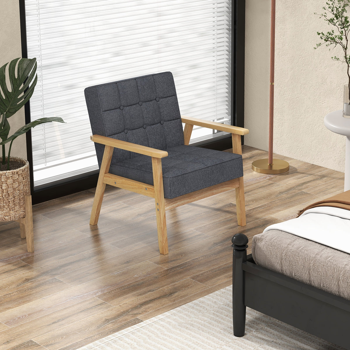 Upholstered Armchair with Rubber Wood Armrests-Gray-Accent Chairs-DECOROLALA