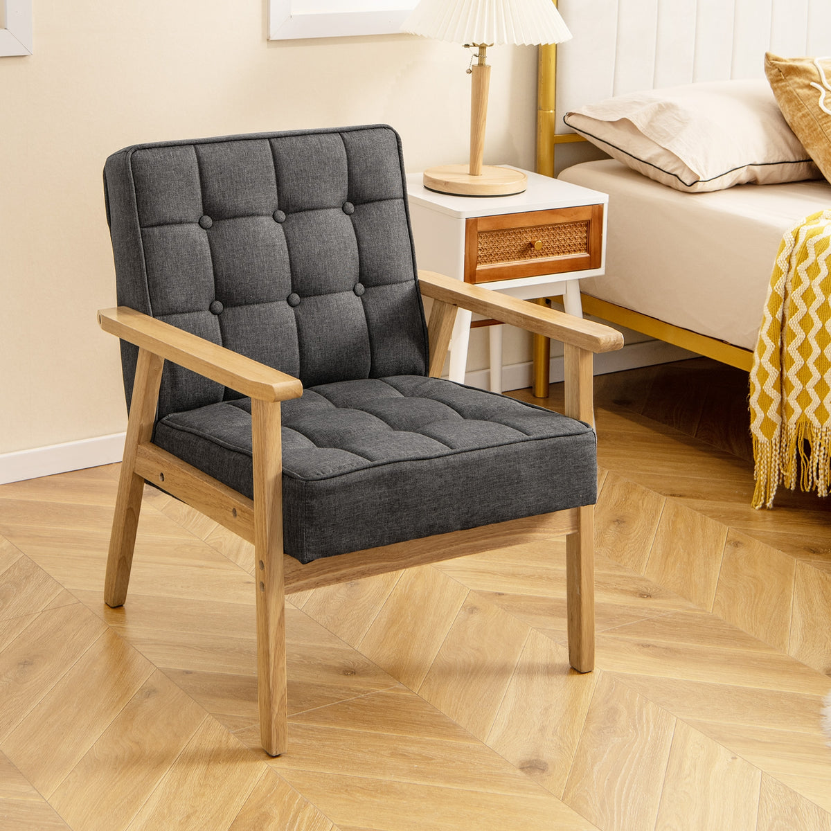 Upholstered Armchair with Rubber Wood Armrests-Gray-Accent Chairs-DECOROLALA