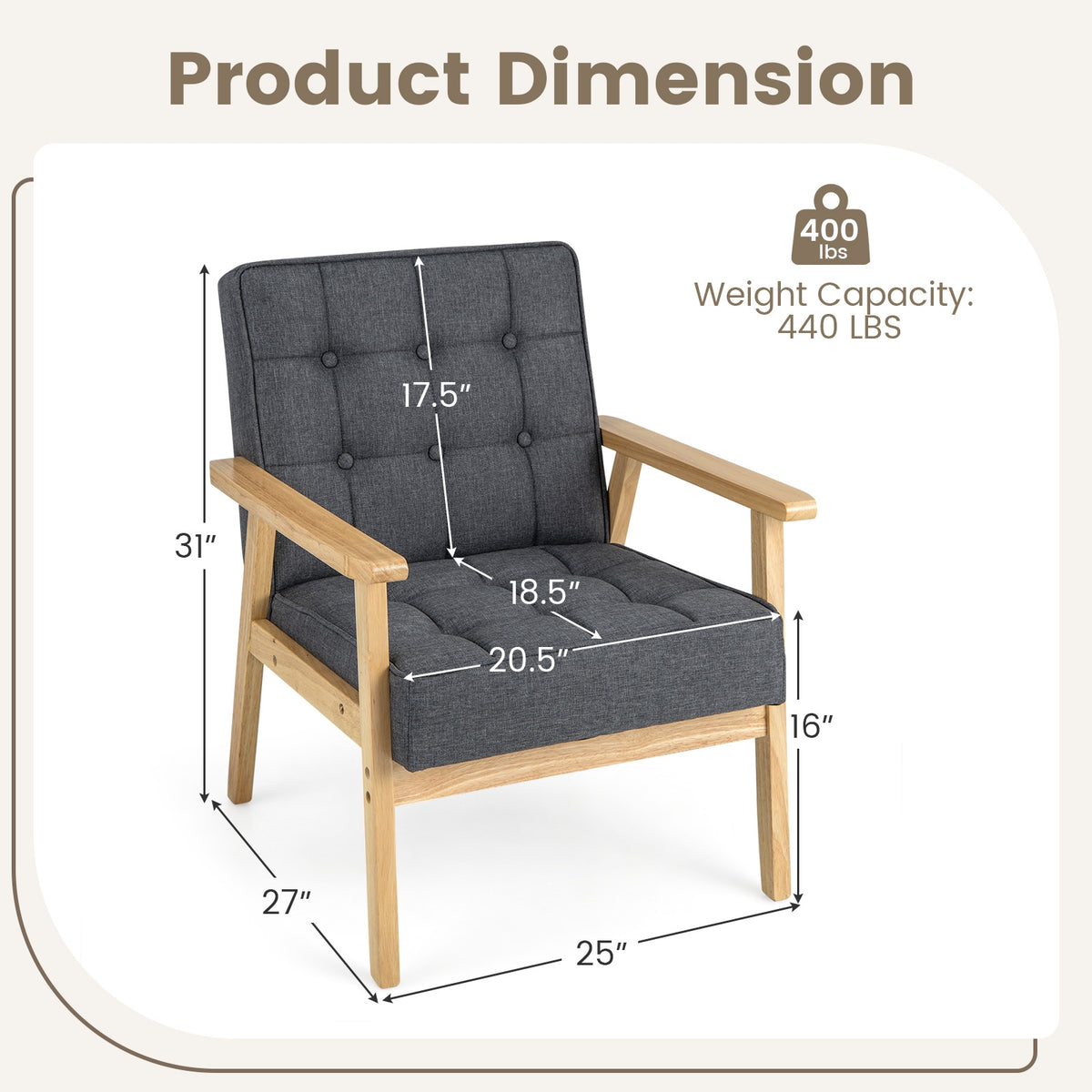 Upholstered Armchair with Rubber Wood Armrests-Gray-Accent Chairs-DECOROLALA