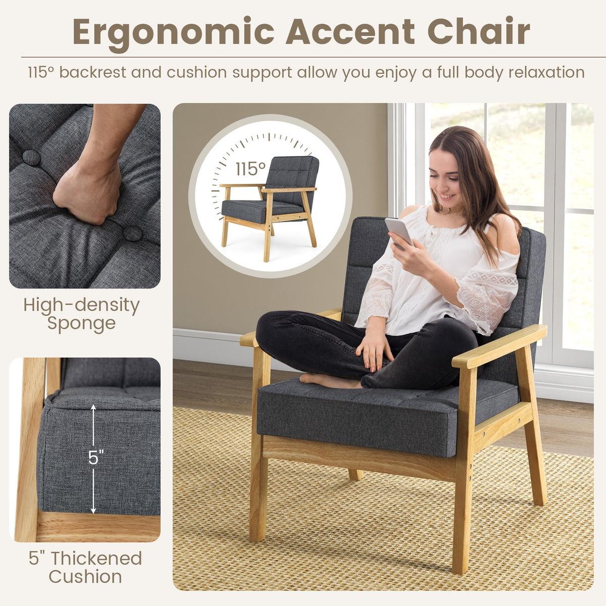 Upholstered Armchair with Rubber Wood Armrests-Gray-Accent Chairs-DECOROLALA