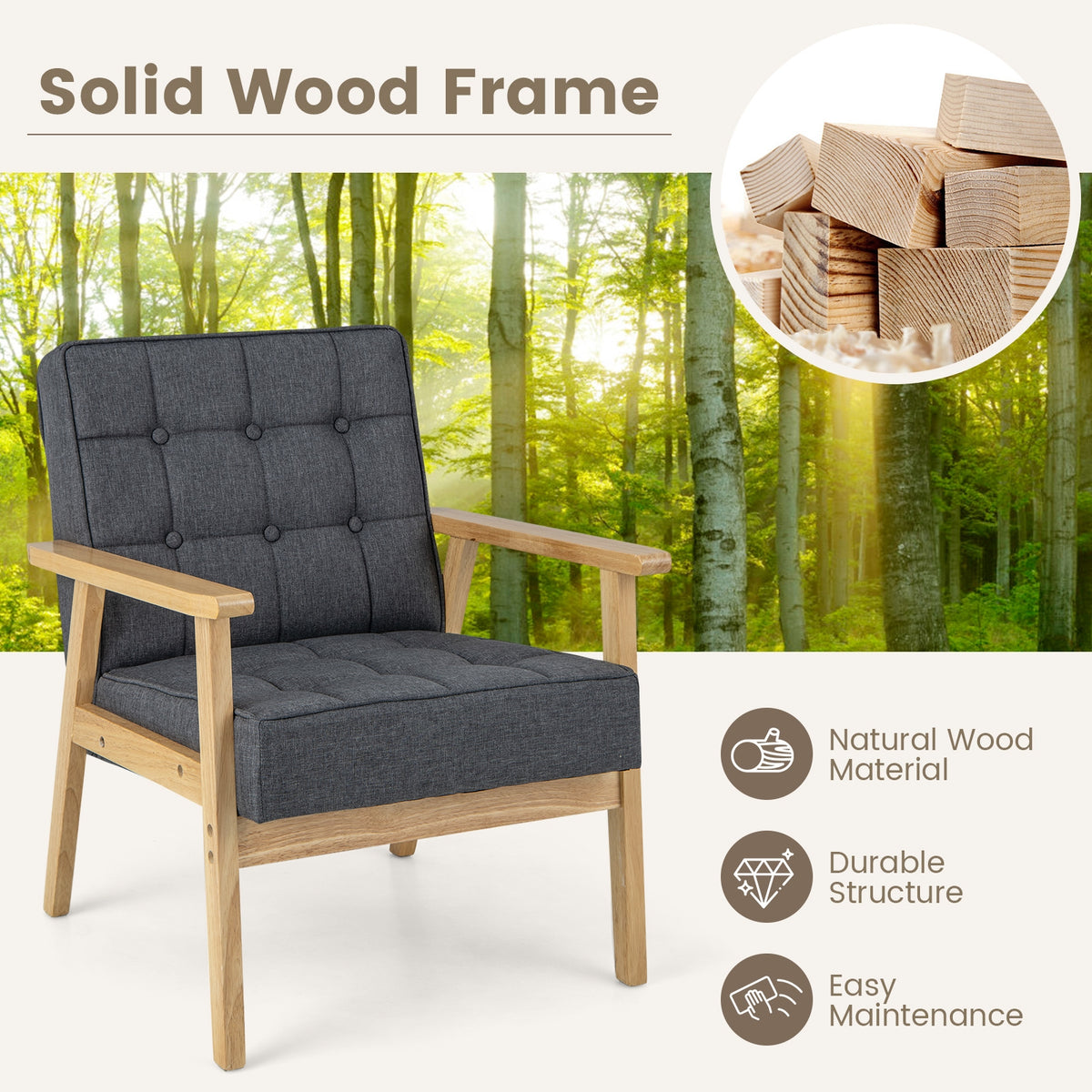 Upholstered Armchair with Rubber Wood Armrests-Gray-Accent Chairs-DECOROLALA