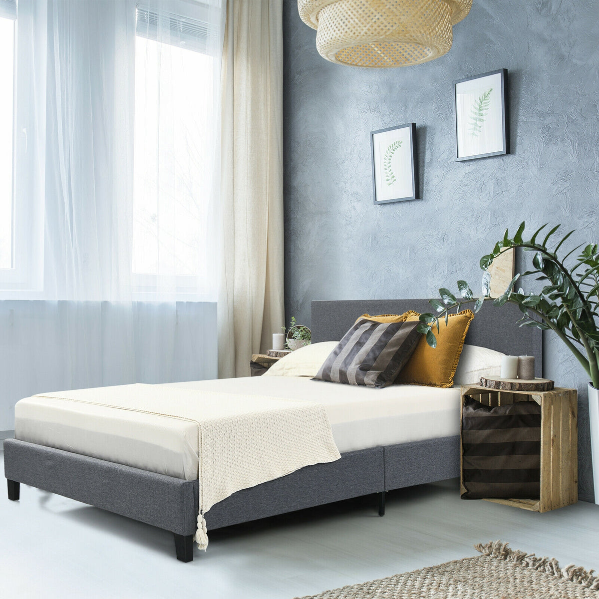 Upholstered Bed Frame Platform with Linen Headboard-Full Size-Simple Bed Frame-DECOROLALA