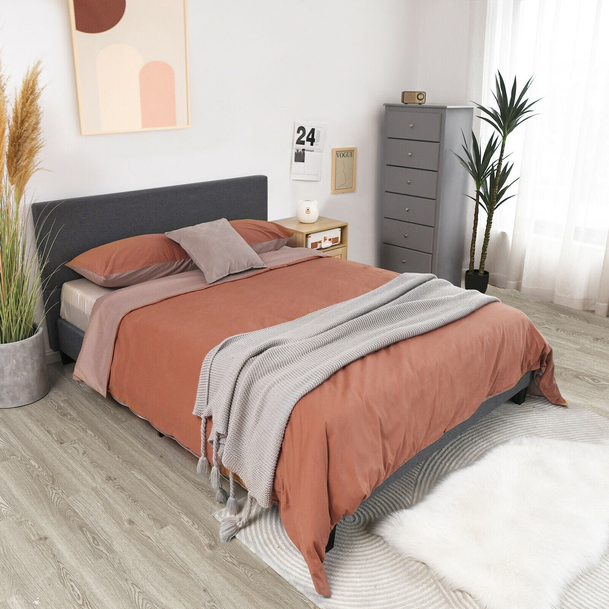 Upholstered Bed Frame Platform with Linen Headboard-Full Size-Simple Bed Frame-DECOROLALA