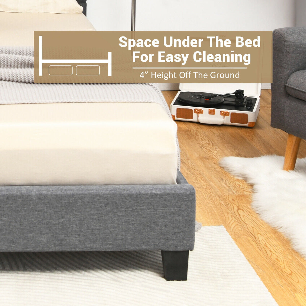 Upholstered Bed Frame Platform with Linen Headboard-Full Size-Simple Bed Frame-DECOROLALA