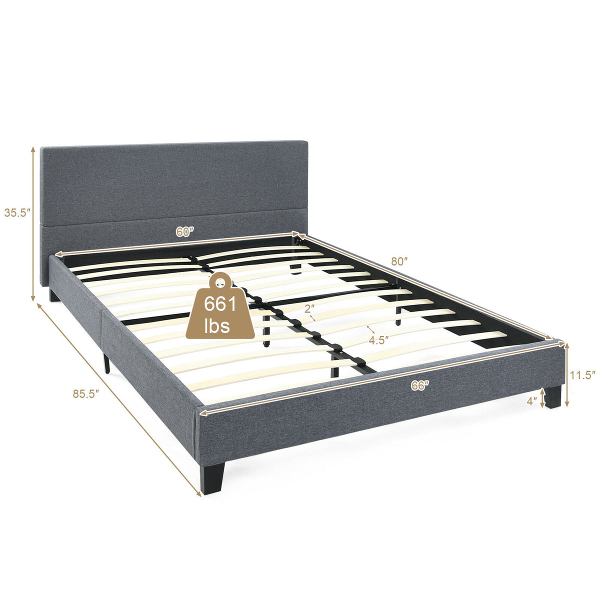 Upholstered Bed Frame Platform with Linen Headboard-Queen Size-Simple Bed Frame-DECOROLALA