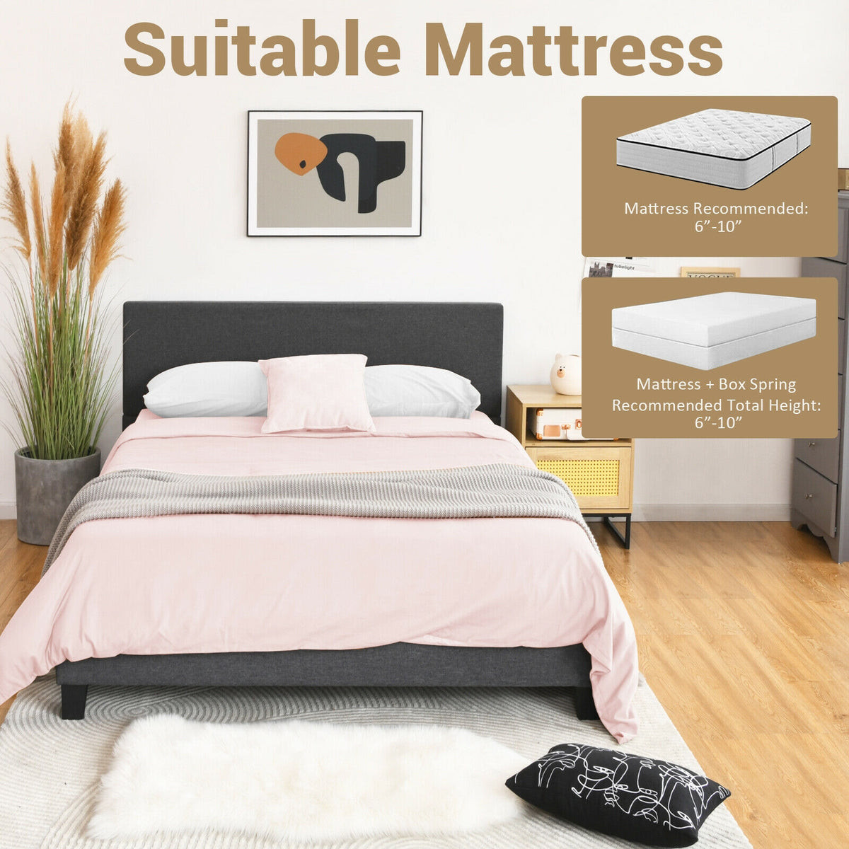 Upholstered Bed Frame Platform with Linen Headboard-Queen Size-Simple Bed Frame-DECOROLALA