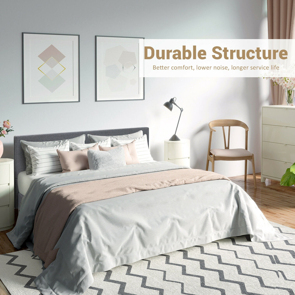 Upholstered Bed Frame Platform with Linen Headboard-Queen Size-Simple Bed Frame-DECOROLALA