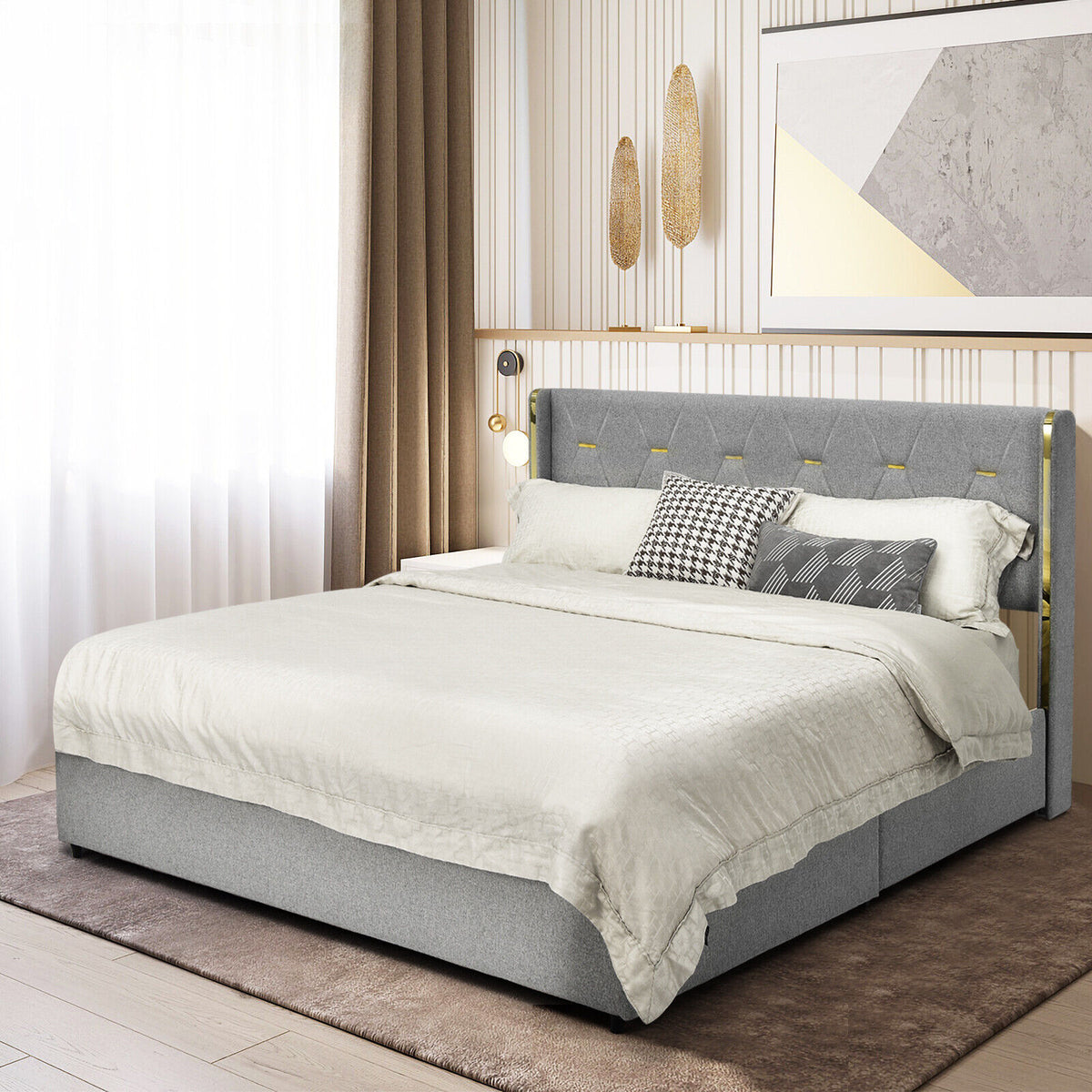 Upholstered Bed Frame with 4 Drawers-Silver-Simple Bed Frame-DECOROLALA