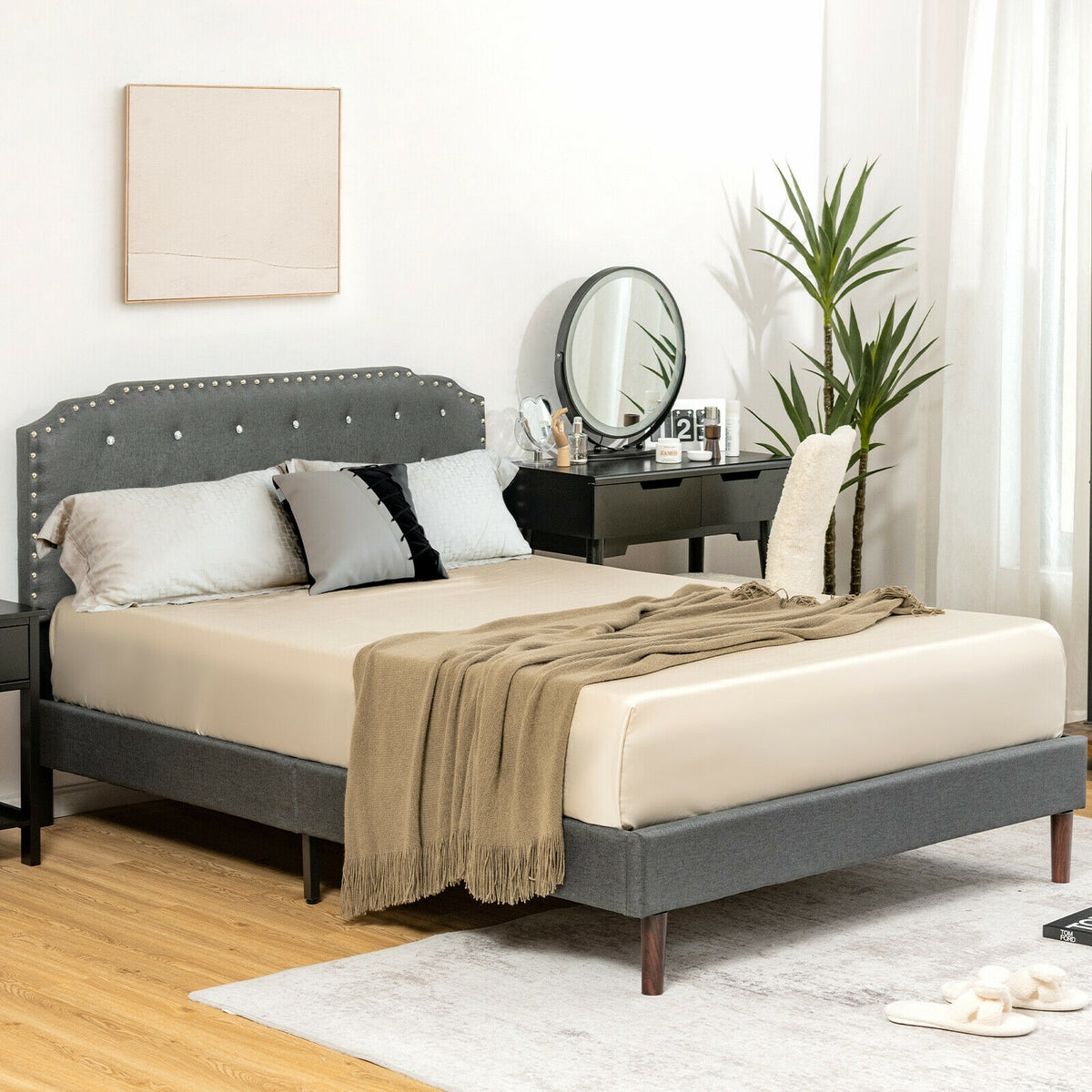 Upholstered Bed Frame with Adjustable Diamond Button Headboard-Full Size-Simple Bed Frame-DECOROLALA