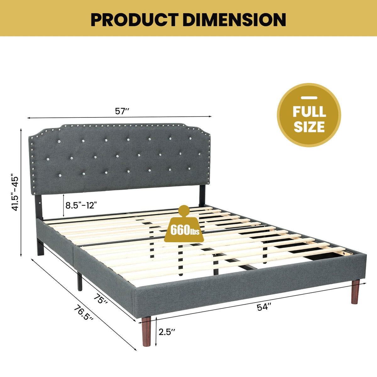 Upholstered Bed Frame with Adjustable Diamond Button Headboard-Full Size-Simple Bed Frame-DECOROLALA