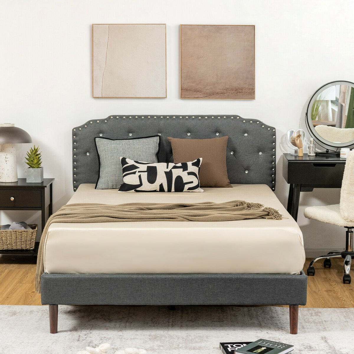Upholstered Bed Frame with Adjustable Diamond Button Headboard-Full Size-Simple Bed Frame-DECOROLALA