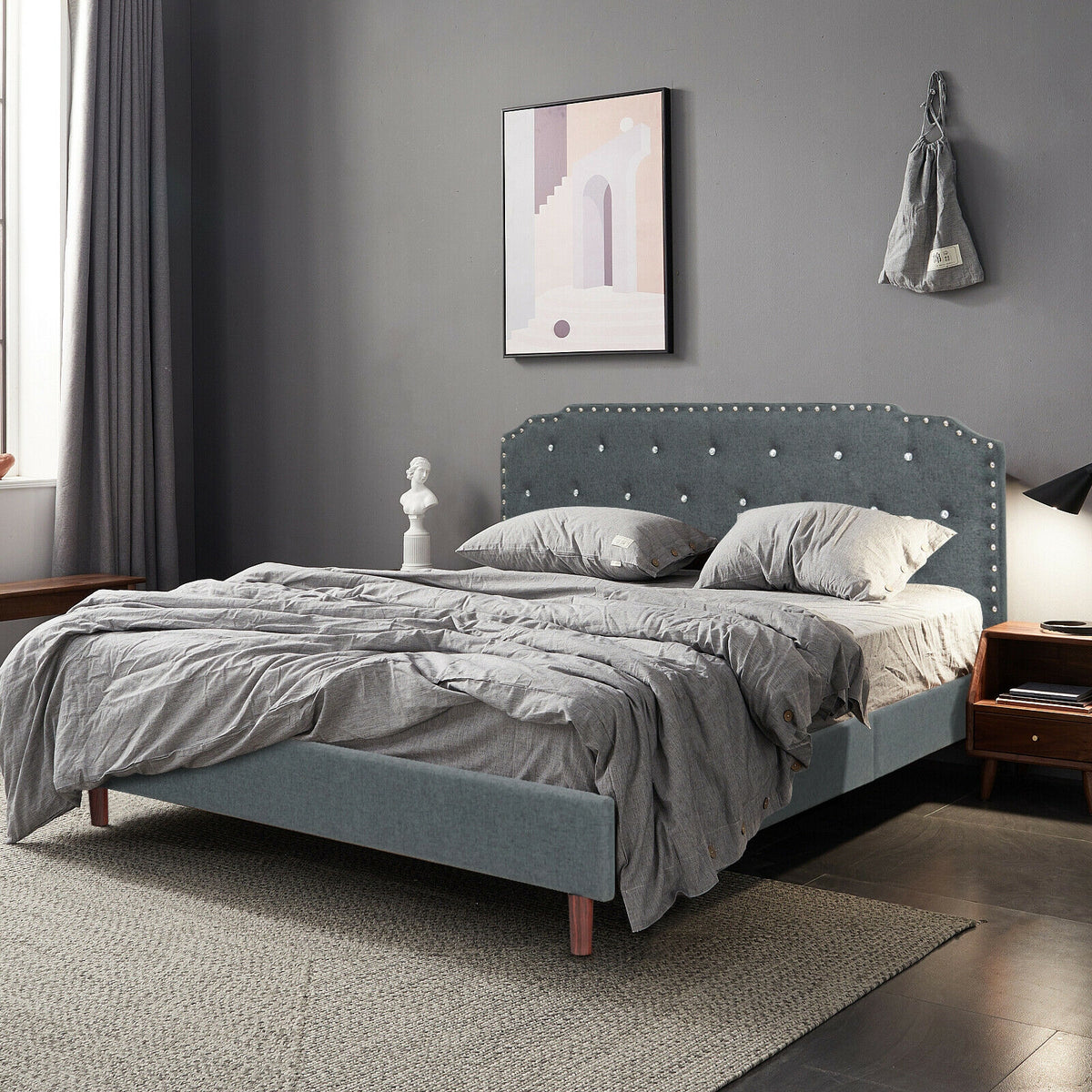 Upholstered Bed Frame with Adjustable Diamond Button Headboard-Queen Size-Simple Bed Frame-DECOROLALA