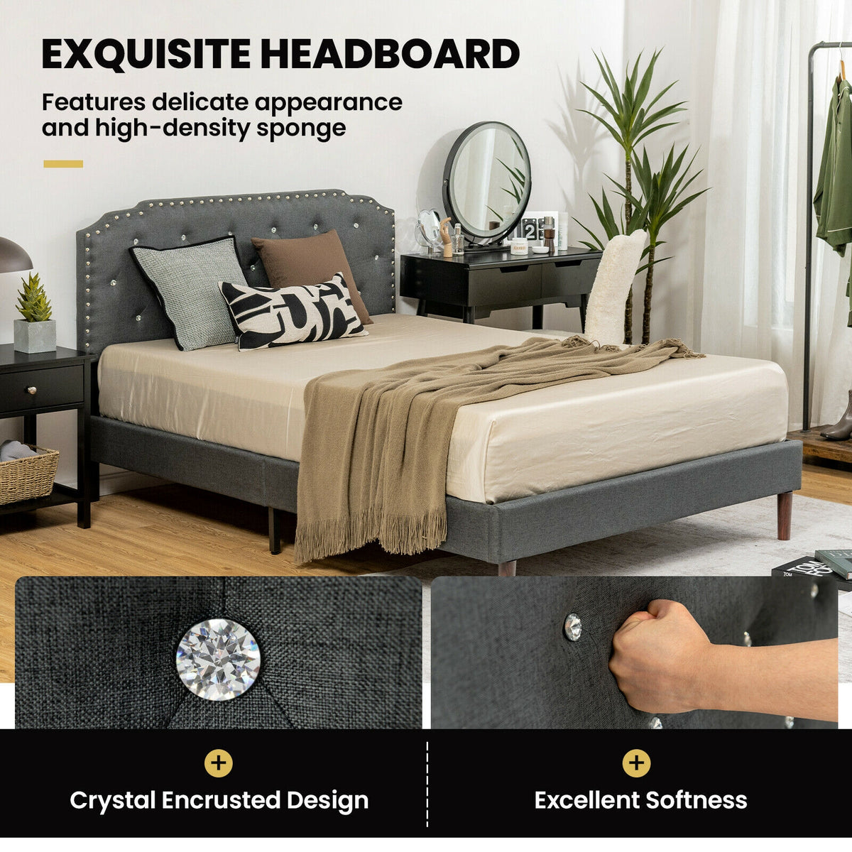 Upholstered Bed Frame with Adjustable Diamond Button Headboard-Queen Size-Simple Bed Frame-DECOROLALA