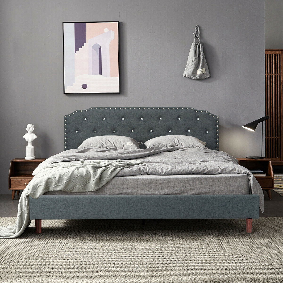 Upholstered Bed Frame with Adjustable Diamond Button Headboard-Queen Size-Simple Bed Frame-DECOROLALA