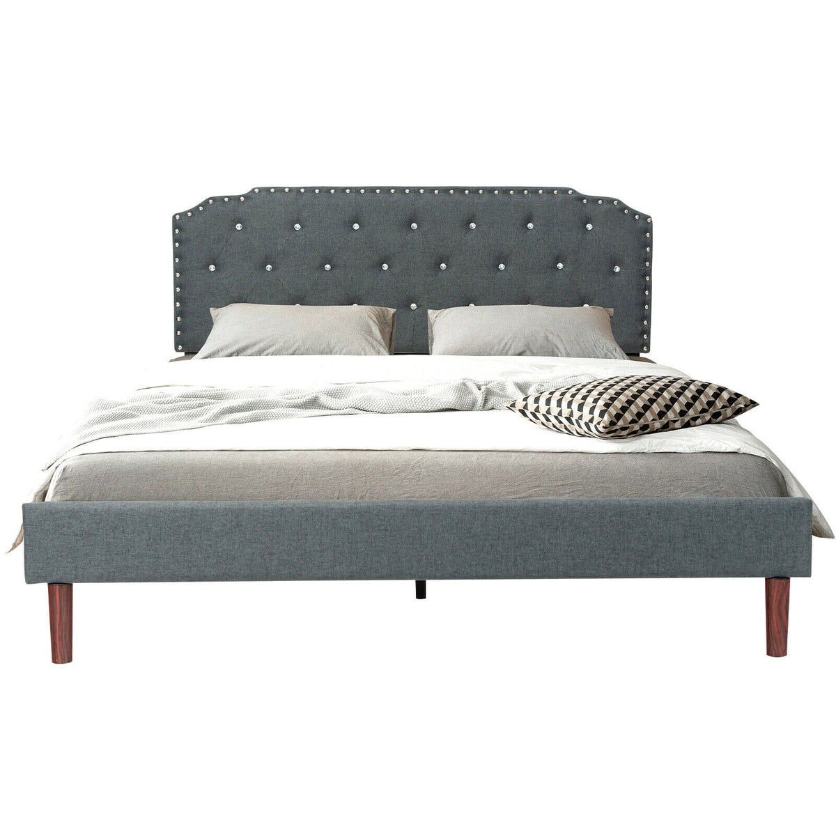 Upholstered Bed Frame with Adjustable Diamond Button Headboard-Queen Size-Simple Bed Frame-DECOROLALA