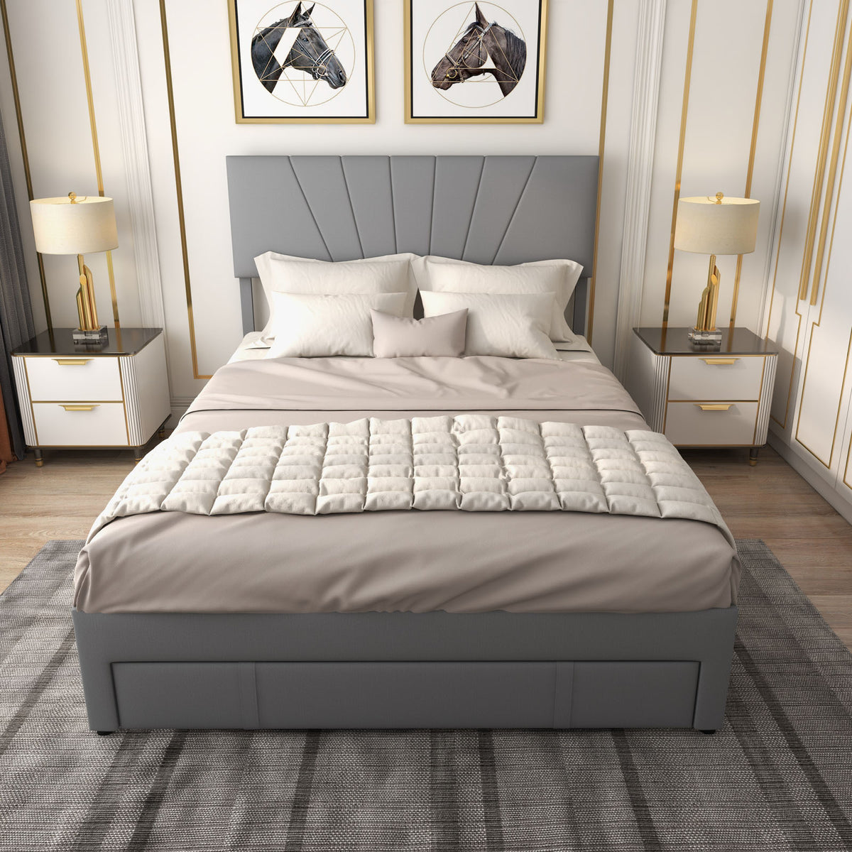 Upholstered Bed Frame with Drawer and Adjustable Headboard-Simple Bed Frame-DECOROLALA