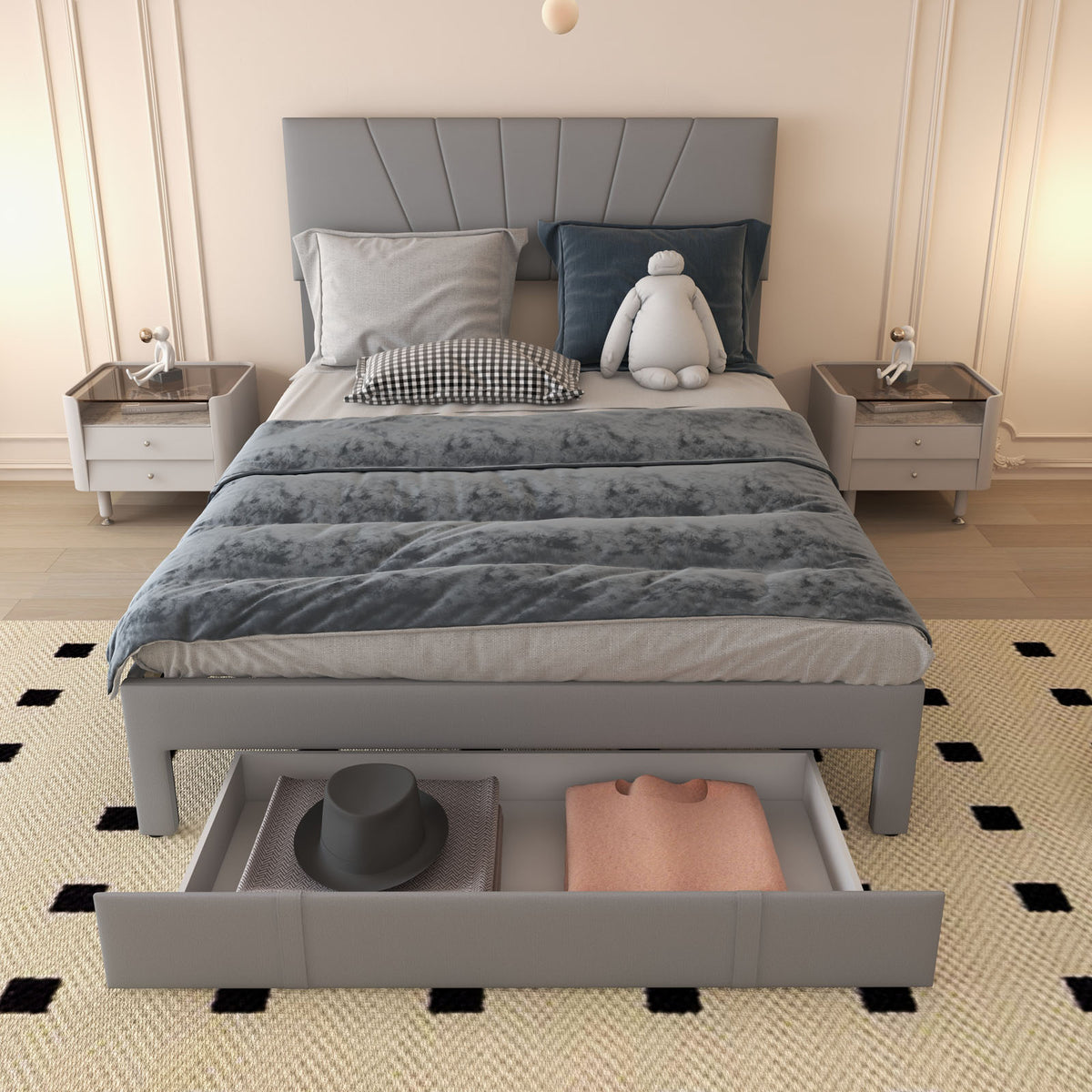 Upholstered Bed Frame with Drawer and Adjustable Headboard-Simple Bed Frame-DECOROLALA