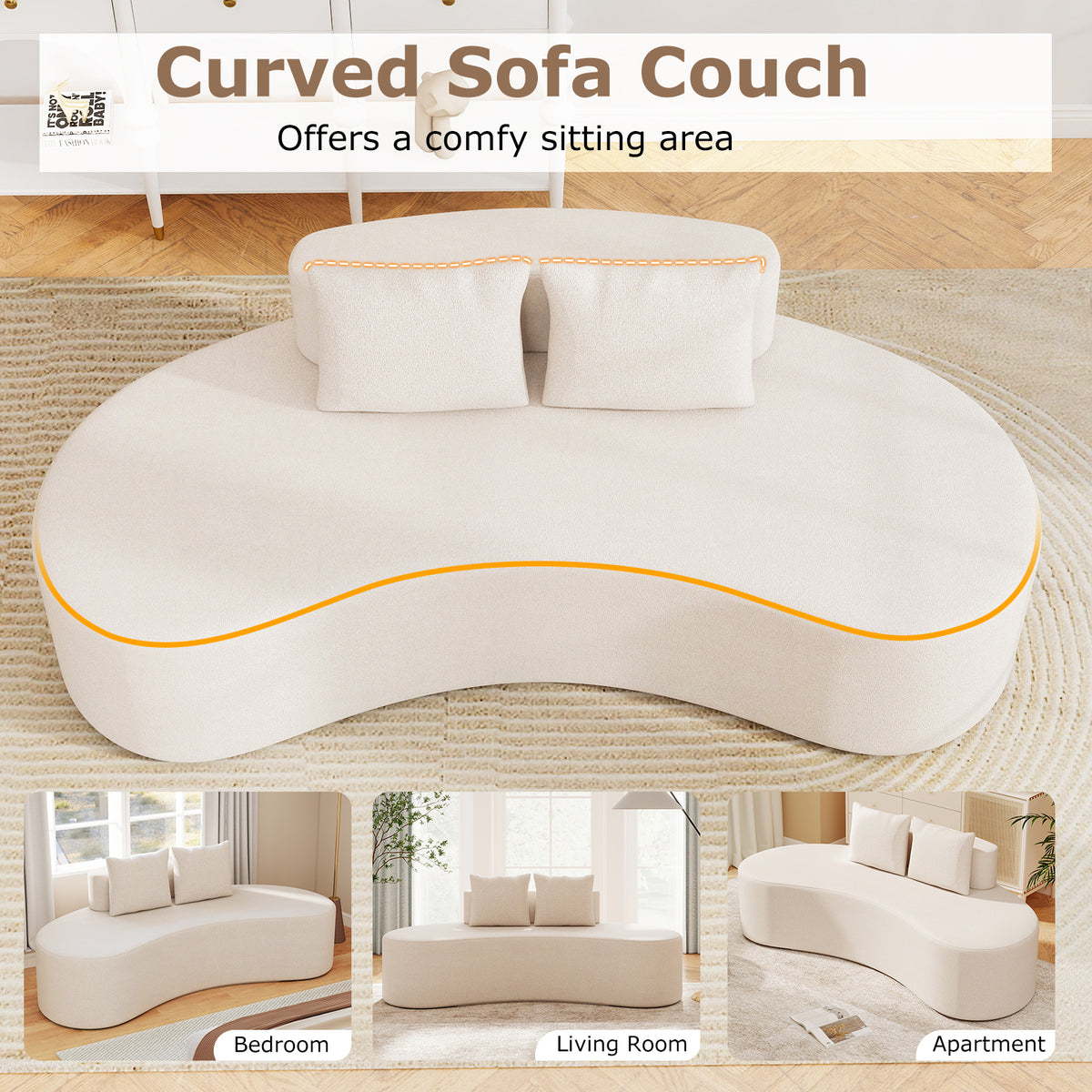 Upholstered Curved Sofa with 2 Cozy Pillows-Beige-Sofas & Loveseats-DECOROLALA